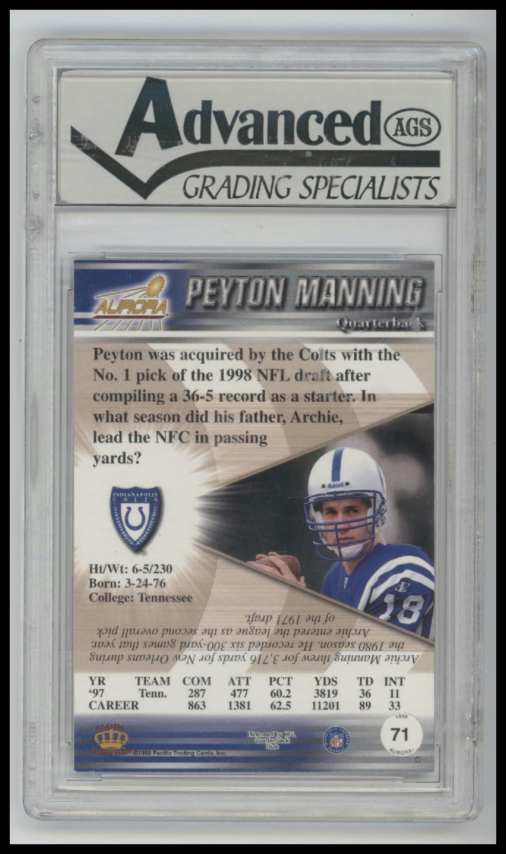1998 Aurora Peyton Manning Rookie #71 Advanced #9