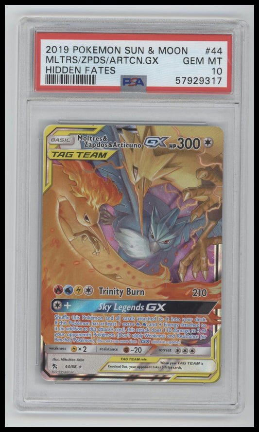 2019 Pokemon Sun & Moon Hidden Fates Hidden Fates Mltrs/Zpds/Artcn.Gx 10 PSA #44