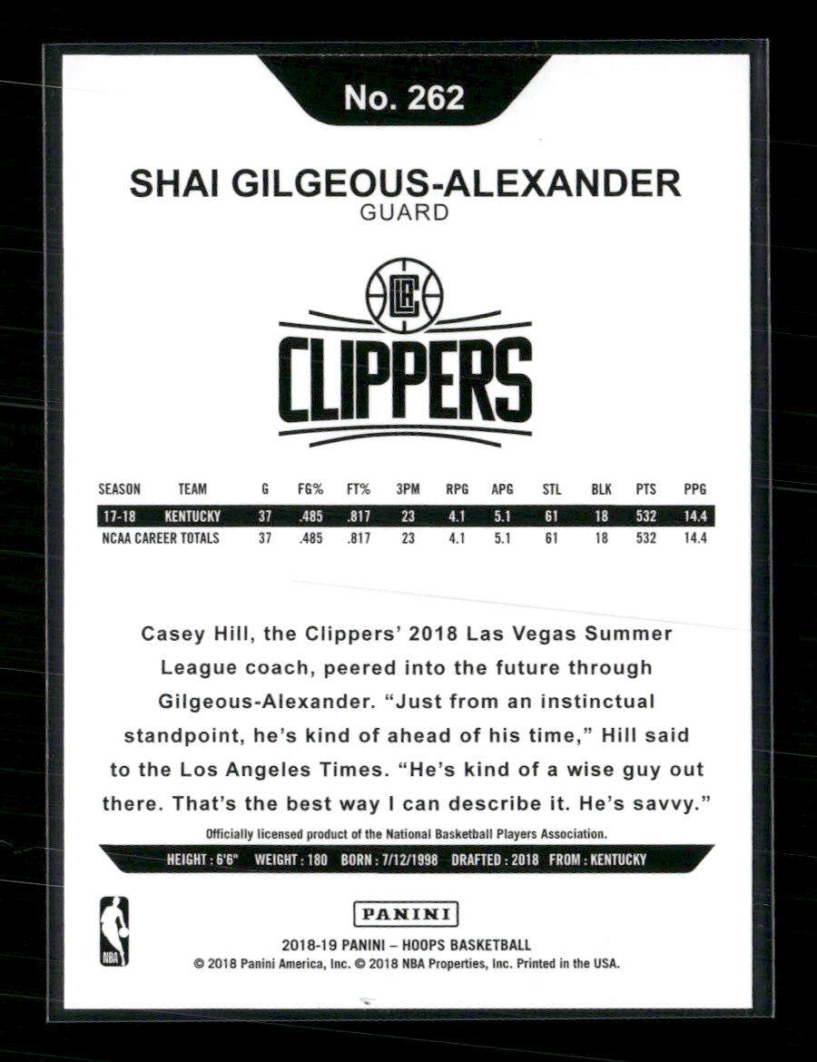 2018-19 Hoops Shai Gilgeous-Alexander Rookie #262