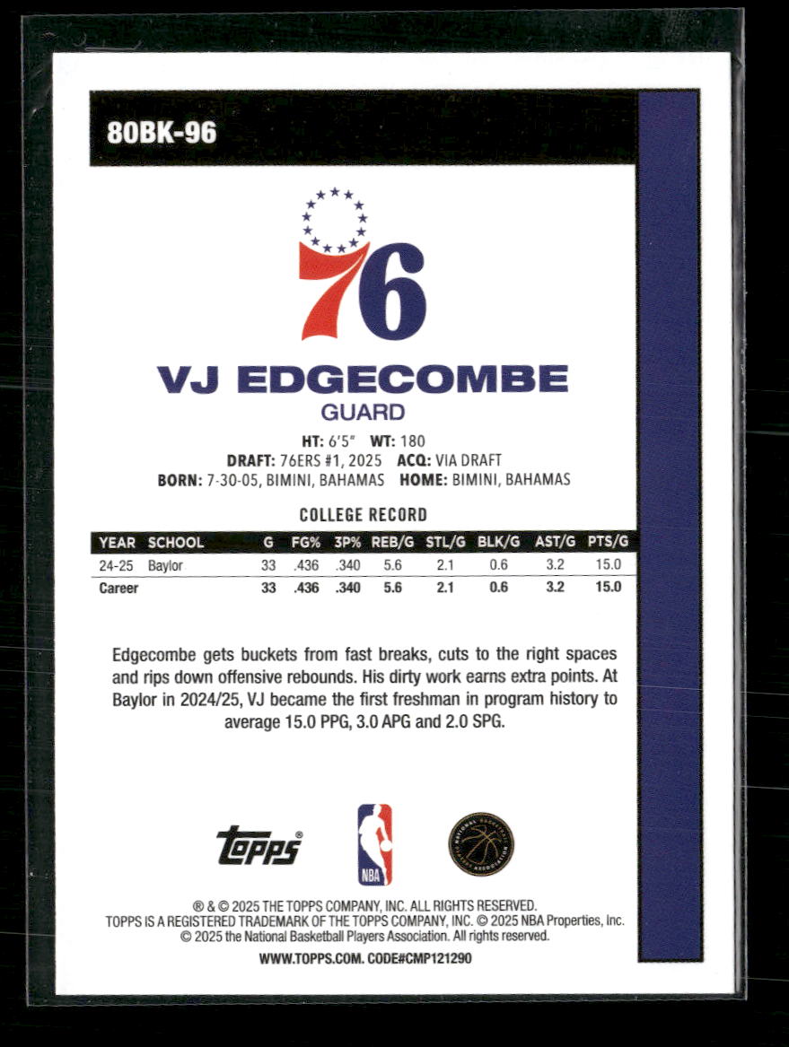 VJ Edgecombe 2025-26 #80BK-96 Topps 1980-81 Topps Basketball