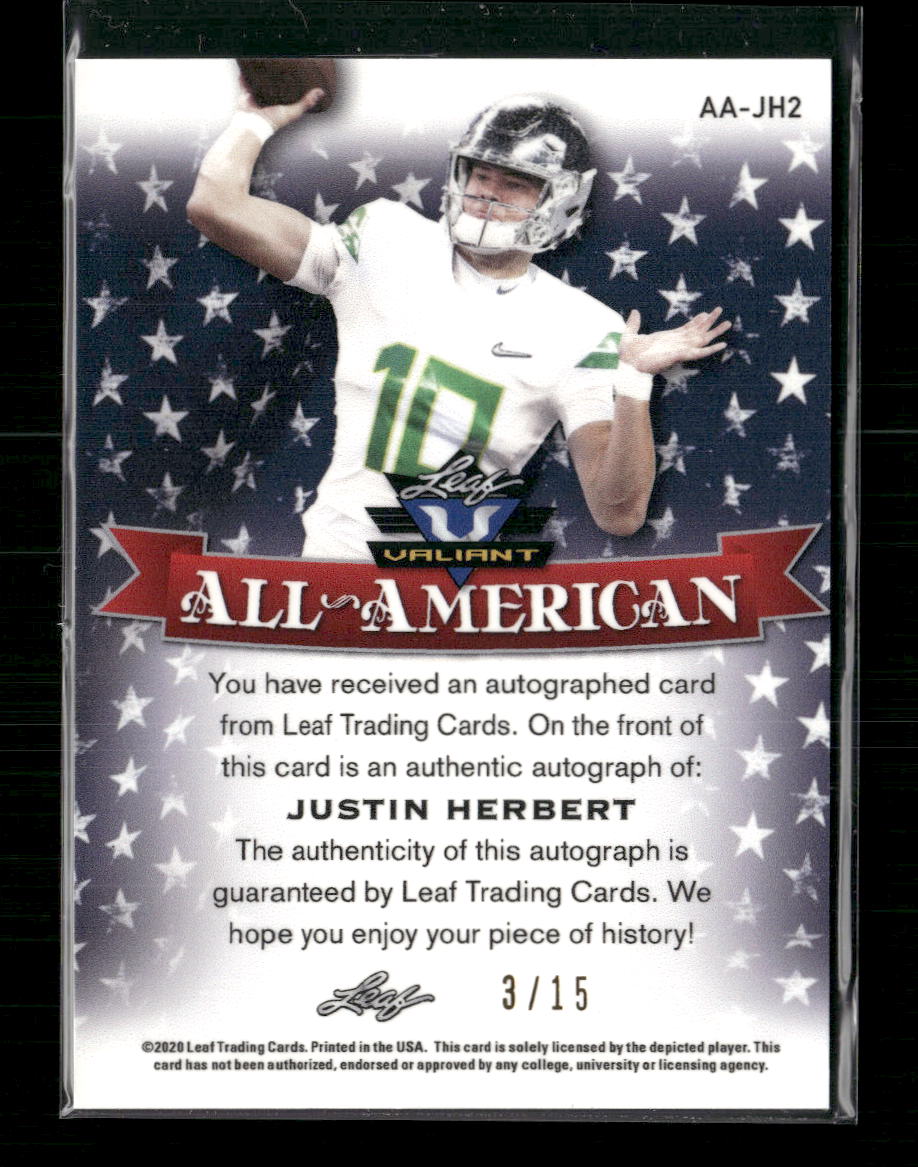 Justin Herbert 2020 #AA-JH2 Leaf Valiant All-American Autographs Pink #/15
