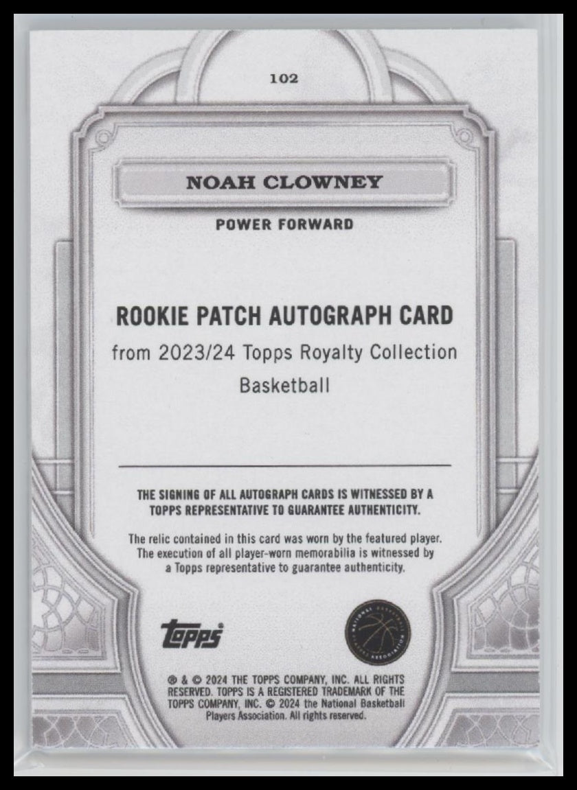 Noah Clowney 2024 #102 Topps Royalty Collection Patch and Auto Blue #/99