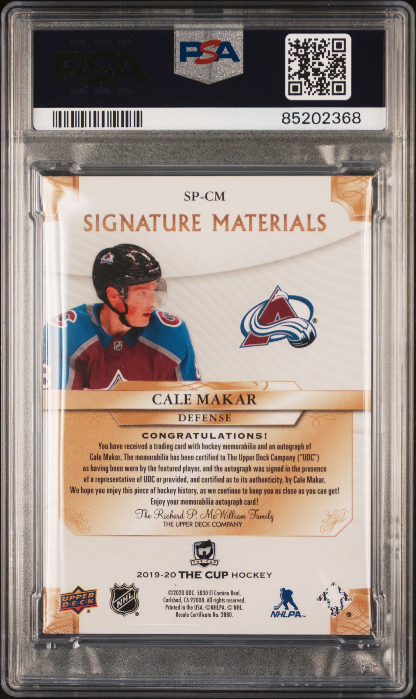 2019 Upper Deck The Cup Signature Materials-Rookies Cale Makar 9 Auto PSA #CM