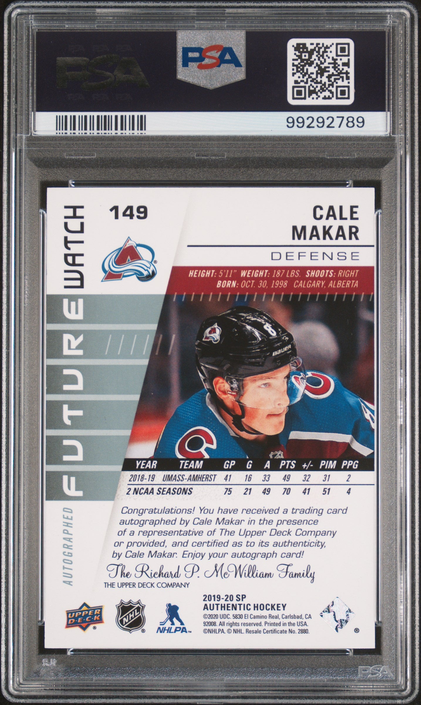 2019 Sp Authentic Autograph Cale Makar 9 PSA #149