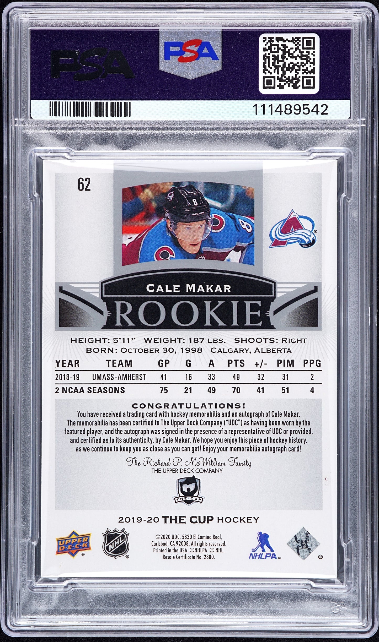 2019 Upper Deck The Cup Autograph Patch Cale Makar 8 Auto PSA #62