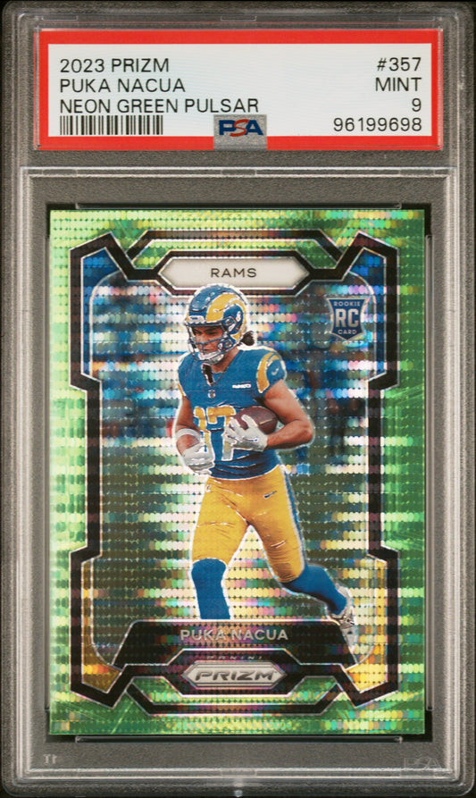 2023 Panini Prizm Neon Green Pulsar Puka Nacua 9 PSA #357