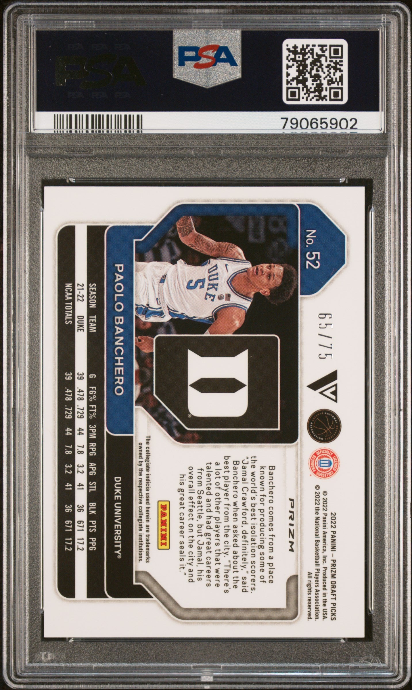 2022-23 Panini Draft Picks Variation-Purple Prizm Paolo Banchero 10 PSA #52