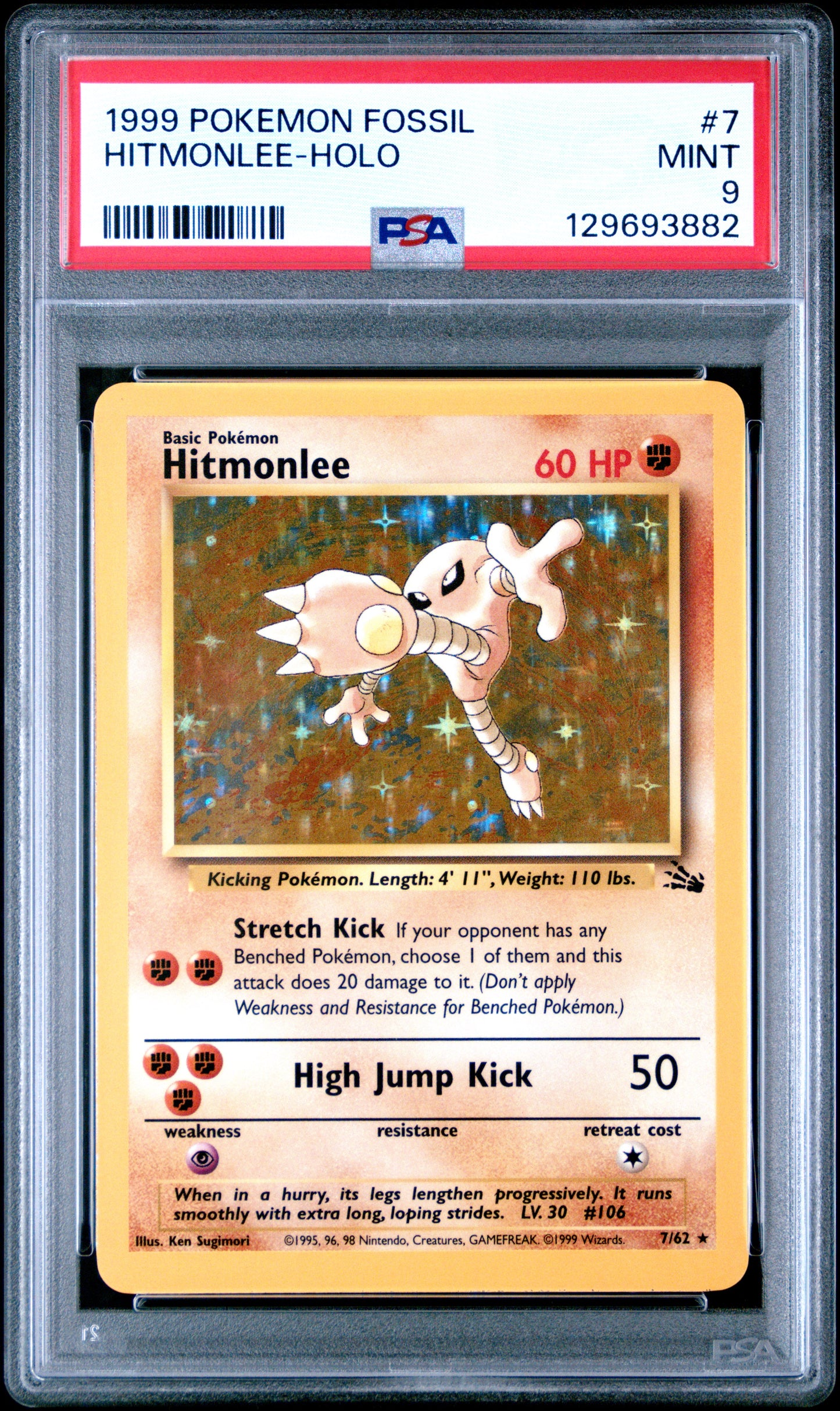 1999 Pokemon Fossil Hitmonlee-Holo 9 PSA #7