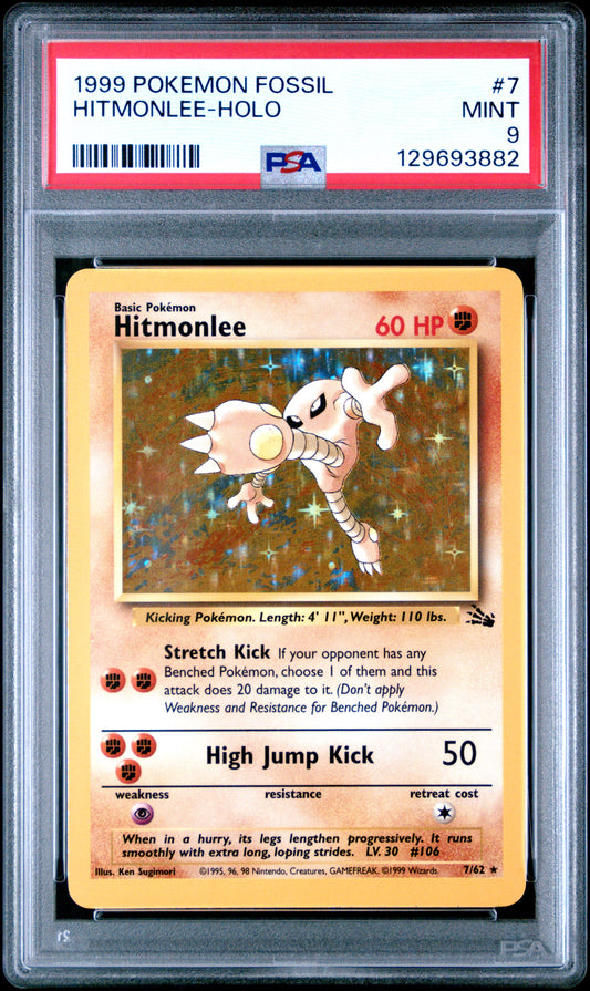 1999 Pokemon Fossil Hitmonlee-Holo 9 PSA #7