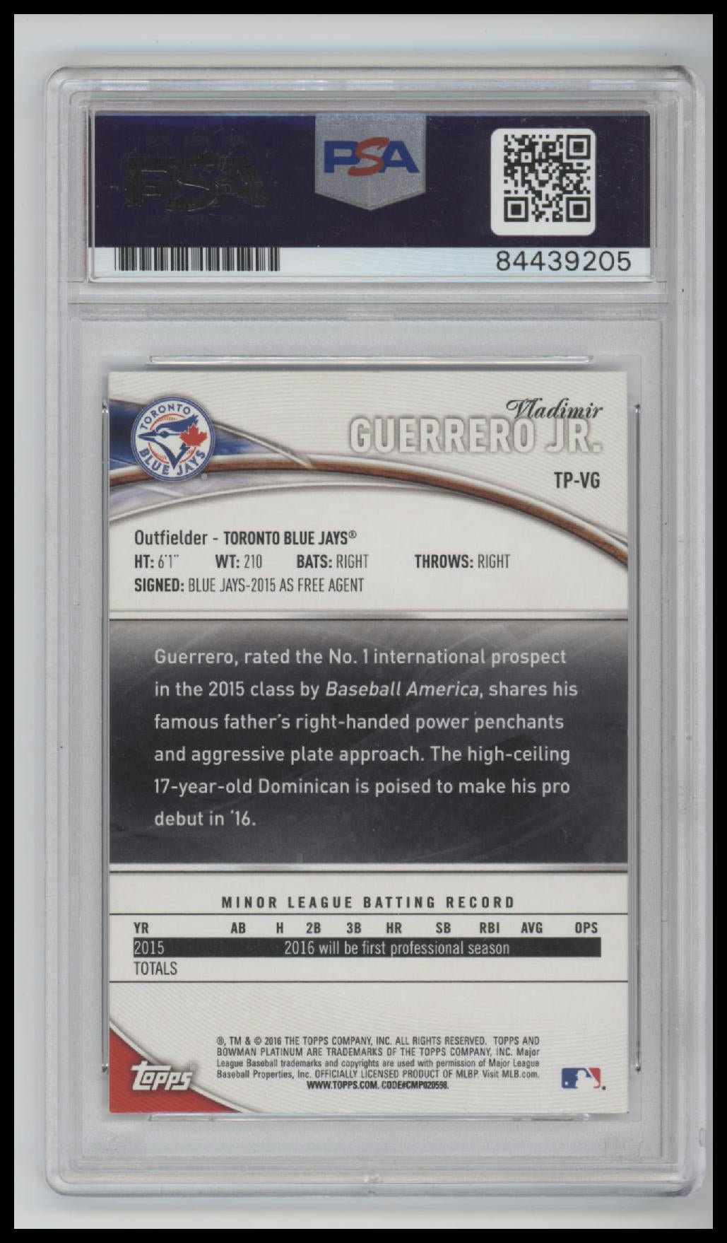 2016 Bowman Platinum Vladimir Guerrero Jr. PSA Certified Auto Grade Gem 10 #TP-VG