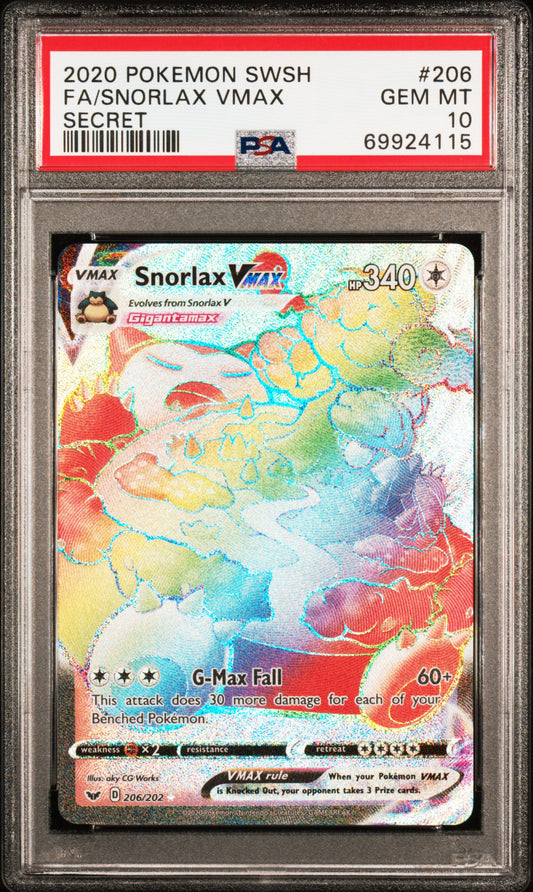 2020 Pokemon Sword & Shield Secret Fa/Snorlax Vmax 10 PSA #206