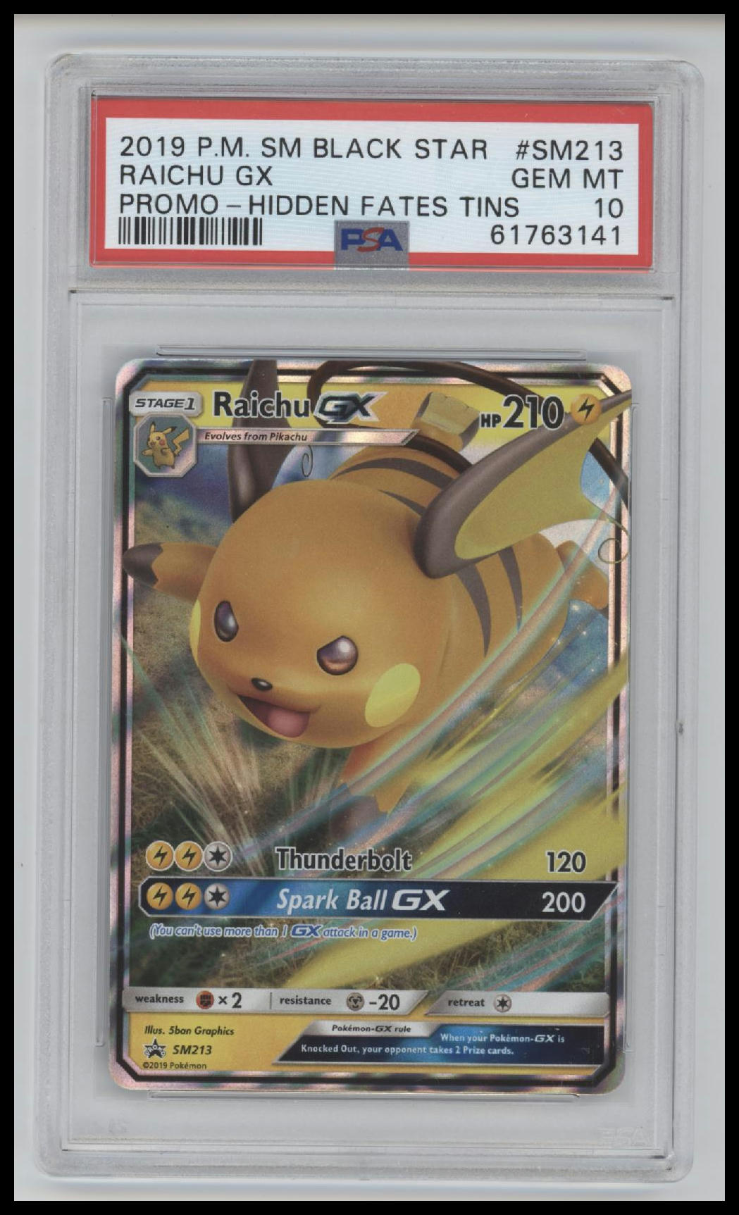 2019 Pokemon Sm Black Star Promo Promo-Hidden Fates Tins Raichu Gx 10 PSA #SM213