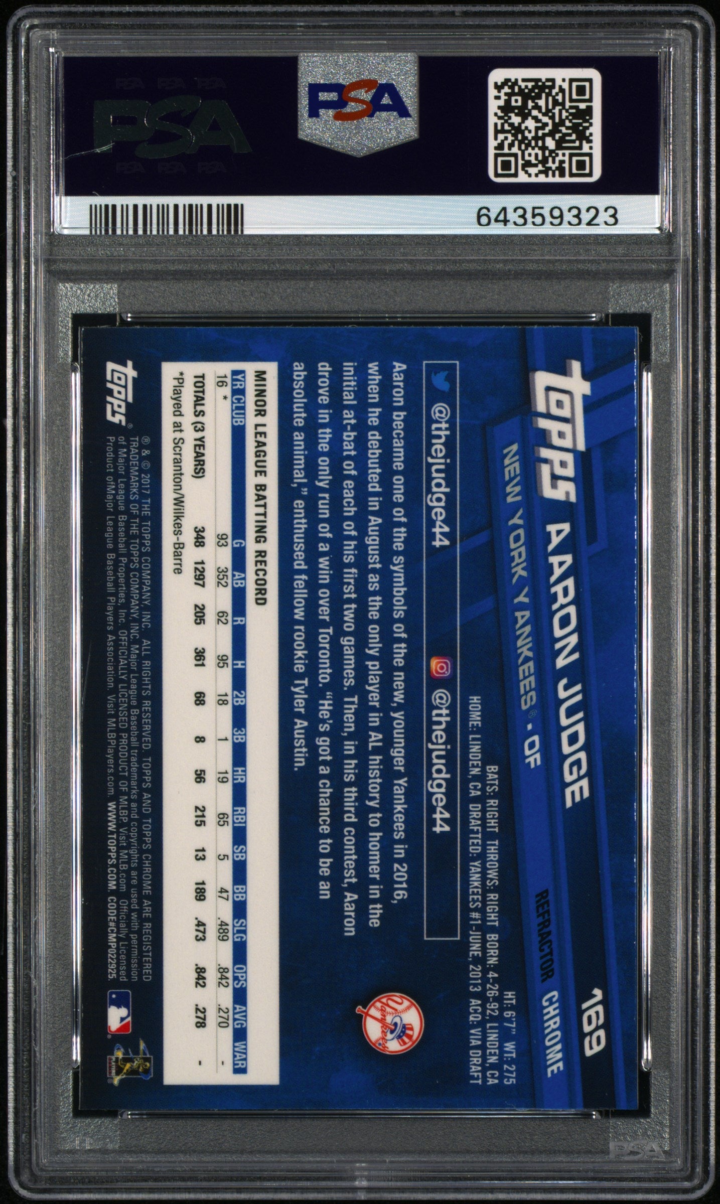 2017 Topps Chrome Refractor Aaron Judge 10 PSA #169