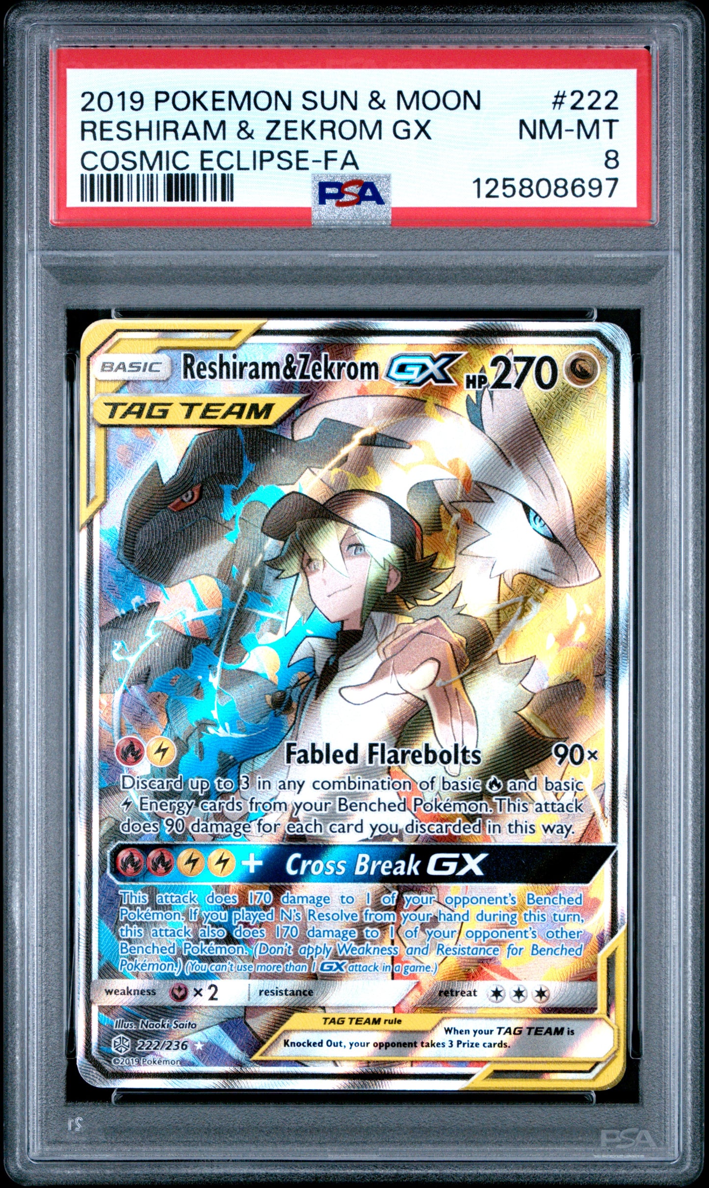 2019 Pokemon Sun & Moon Cosmic Eclipse #222 Reshiram & Zekrom Gx - PSA 8