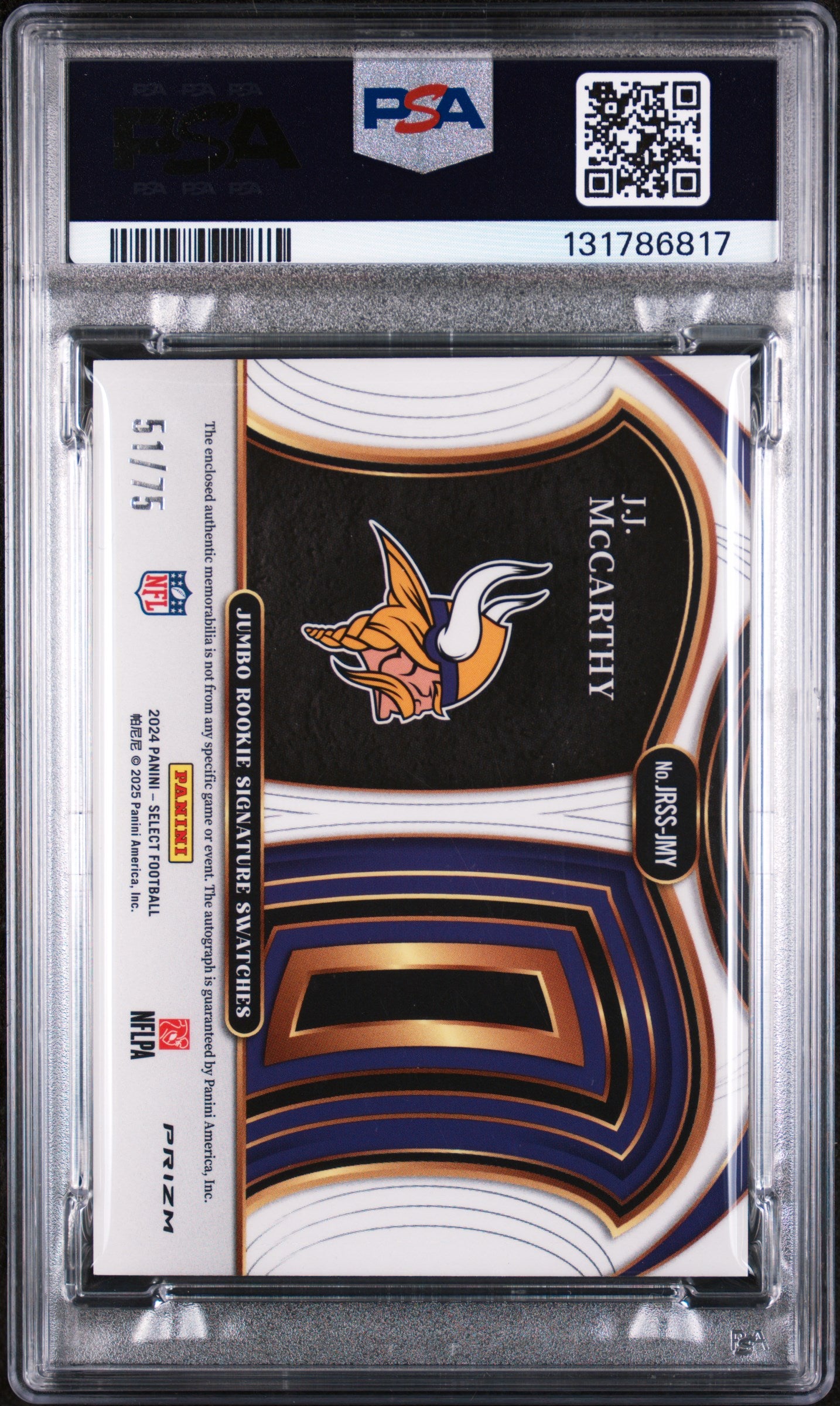 2024 Panini Select Rookie Signature - White Prizm Jj Mccarthy 8 PSA #JRSSJMY