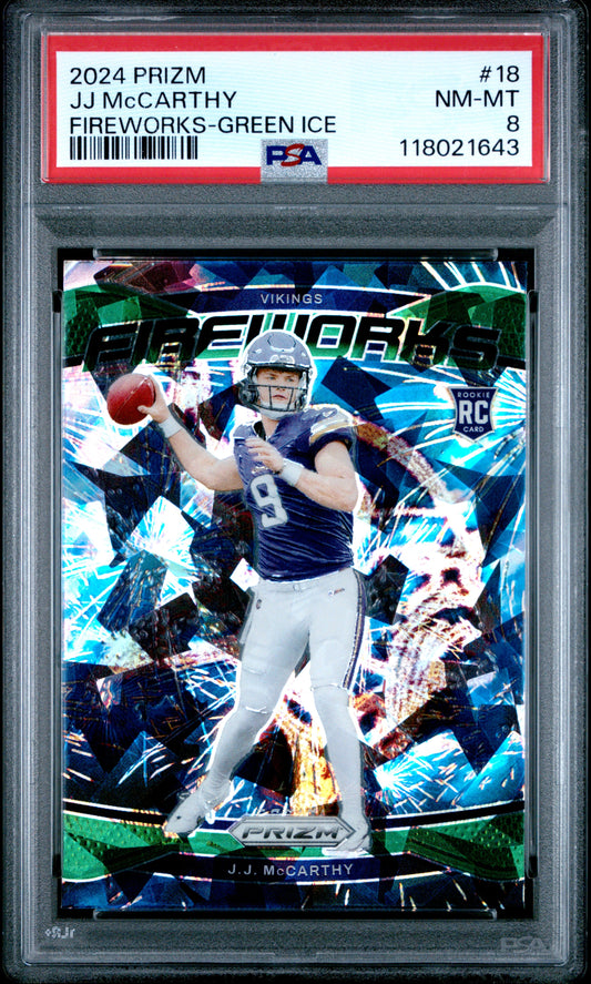 2024 Panini Prizm Fireworks Fireworks-Green Ice Jj Mccarthy 8 PSA #18