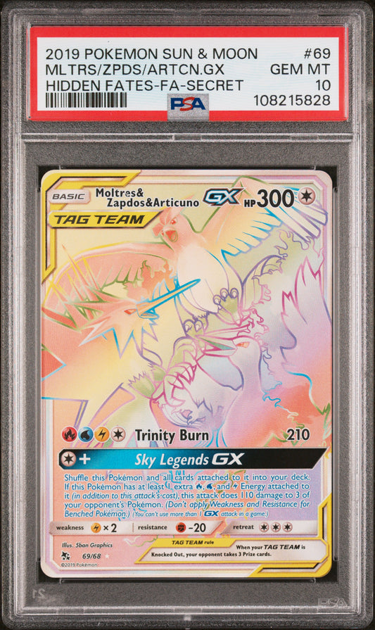 Pokemon Sun & Moon Hidden Fates Moltres & Zapdos & Articuno Gx 10 PSA #69/68