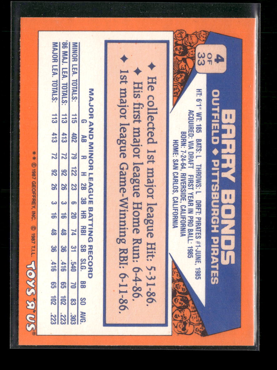 1987 Topps Toys "R" Us Rookies Barry Bonds #4