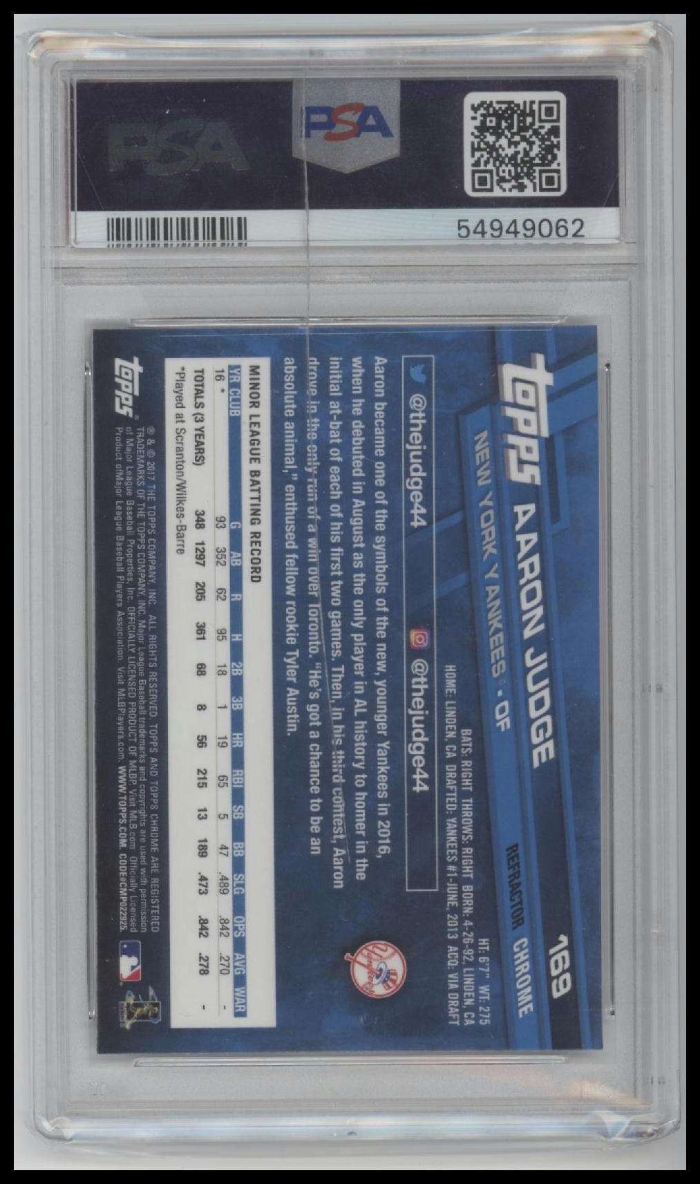 2017 T.C. Sepia Refractor Aaron Judge 10 PSA #169 (Damaged Slab NOT Card)