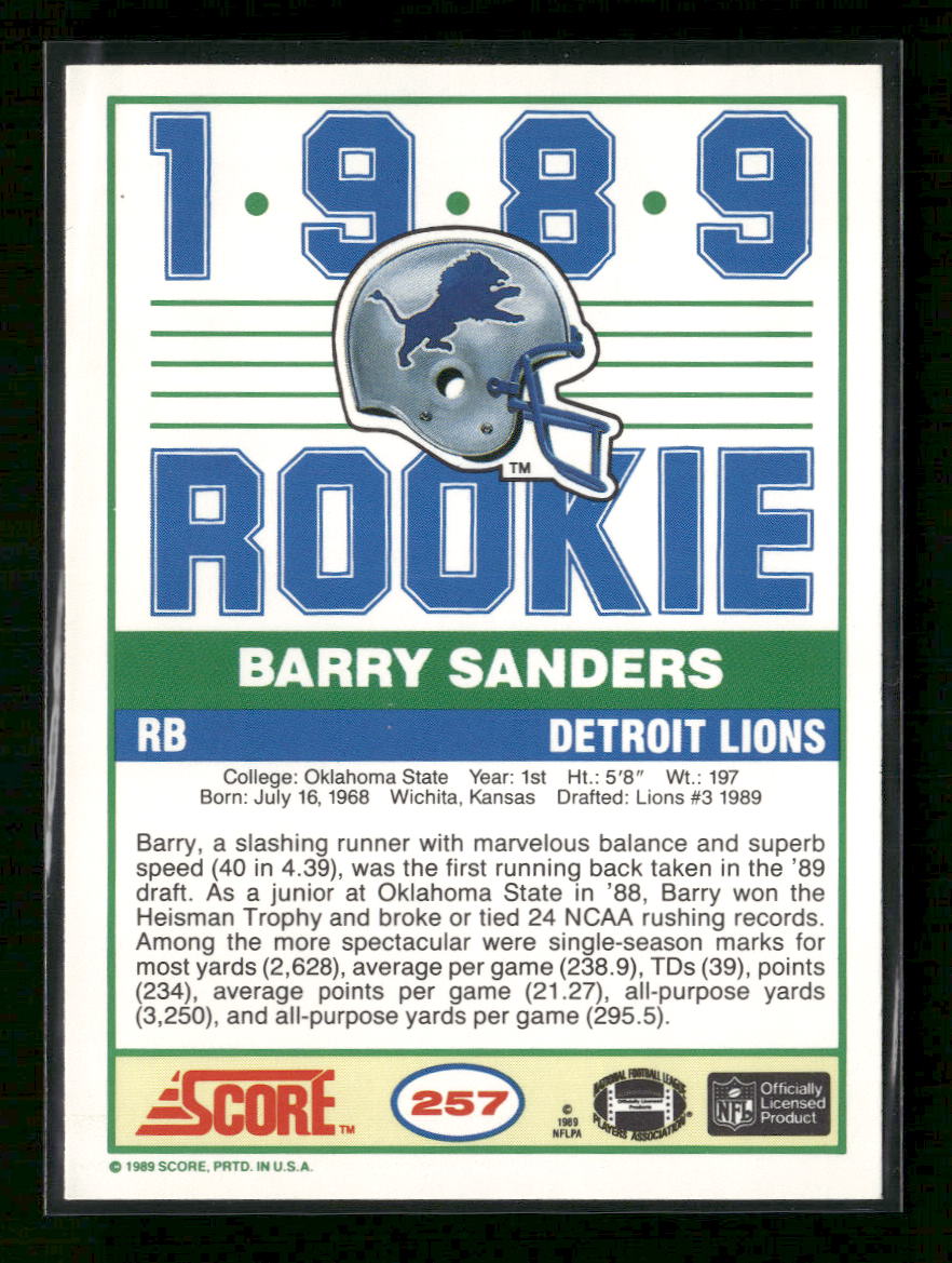 1989 Score Barry Sanders Rookie #257