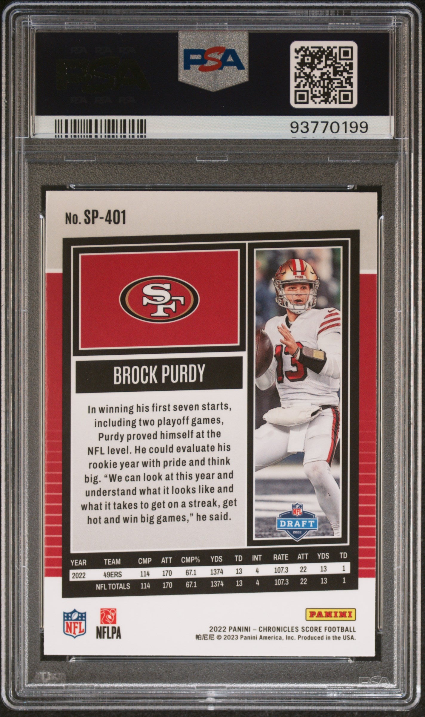 2022 Chronicles Score Premium Rookies Update Brock Purdy 8 PSA #SP401