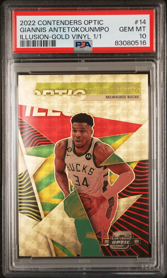 2022 Contenders Optic Illusion-Gold Vinyl 1/1 Giannis Antetokounmpo 10 PSA #14