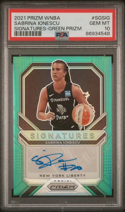 2021 Panini Prizm Wnba Signatures-Green Prizm Sabrina Ionescu 10 PSA #SGSIG