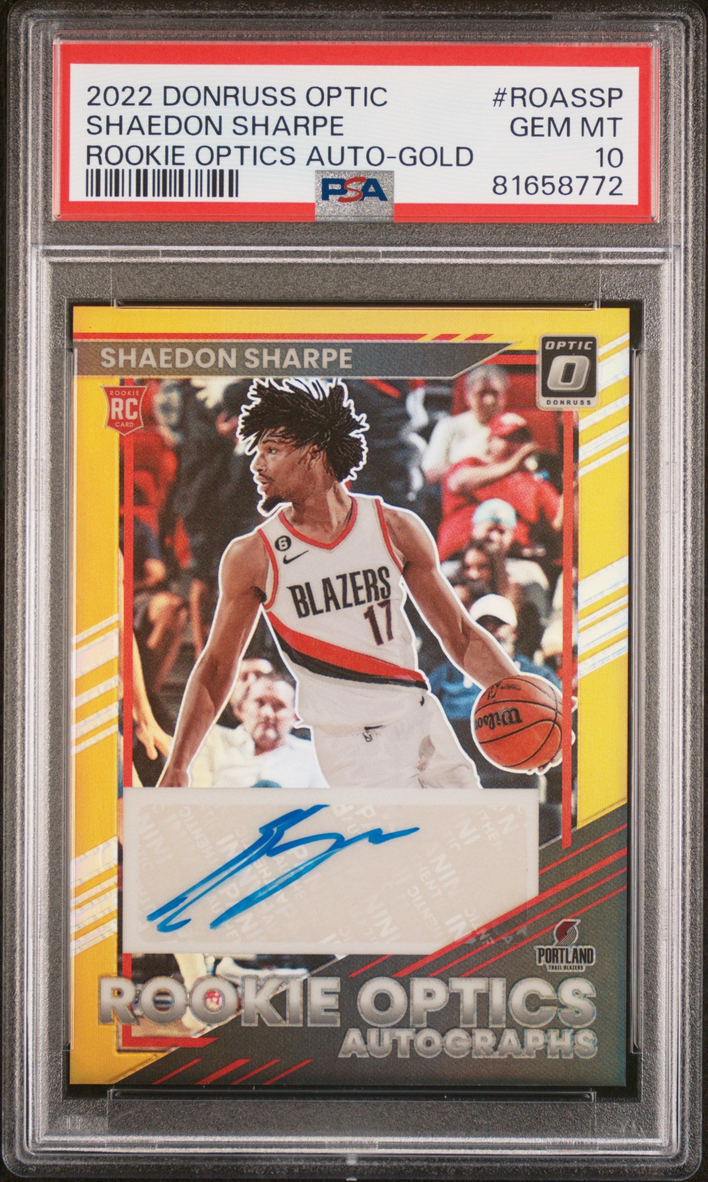 2022 Panini Donruss Optic Auto Rookie Auto-Gold Shaedon Sharpe 10 PSA #ROASSP