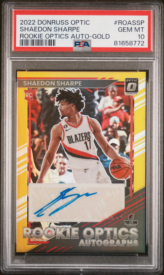 2022 Panini Donruss Optic Auto Rookie Auto-Gold Shaedon Sharpe 10 PSA #ROASSP