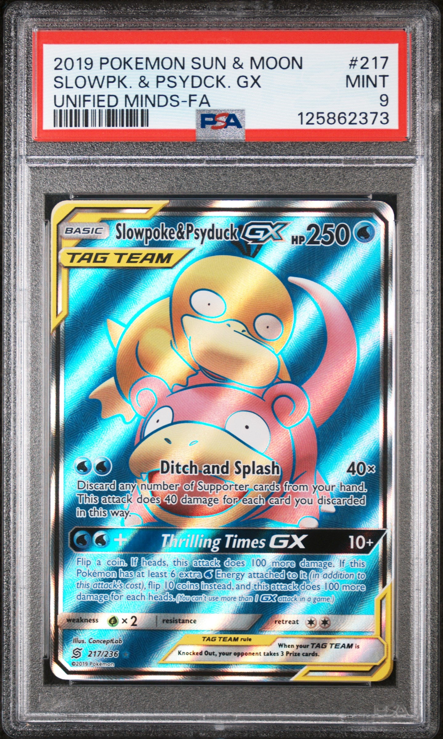 2019 Pokemon Sun & Moon Unified Minds-Fa Slowpk. & Psydck. Gx 9 PSA #217