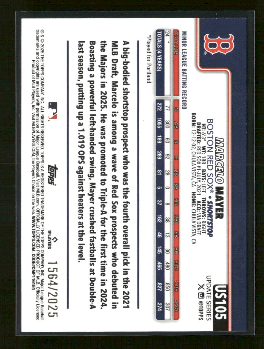 2025 Topps Update Gold Marcelo Mayer Rookie #/2025 #US105