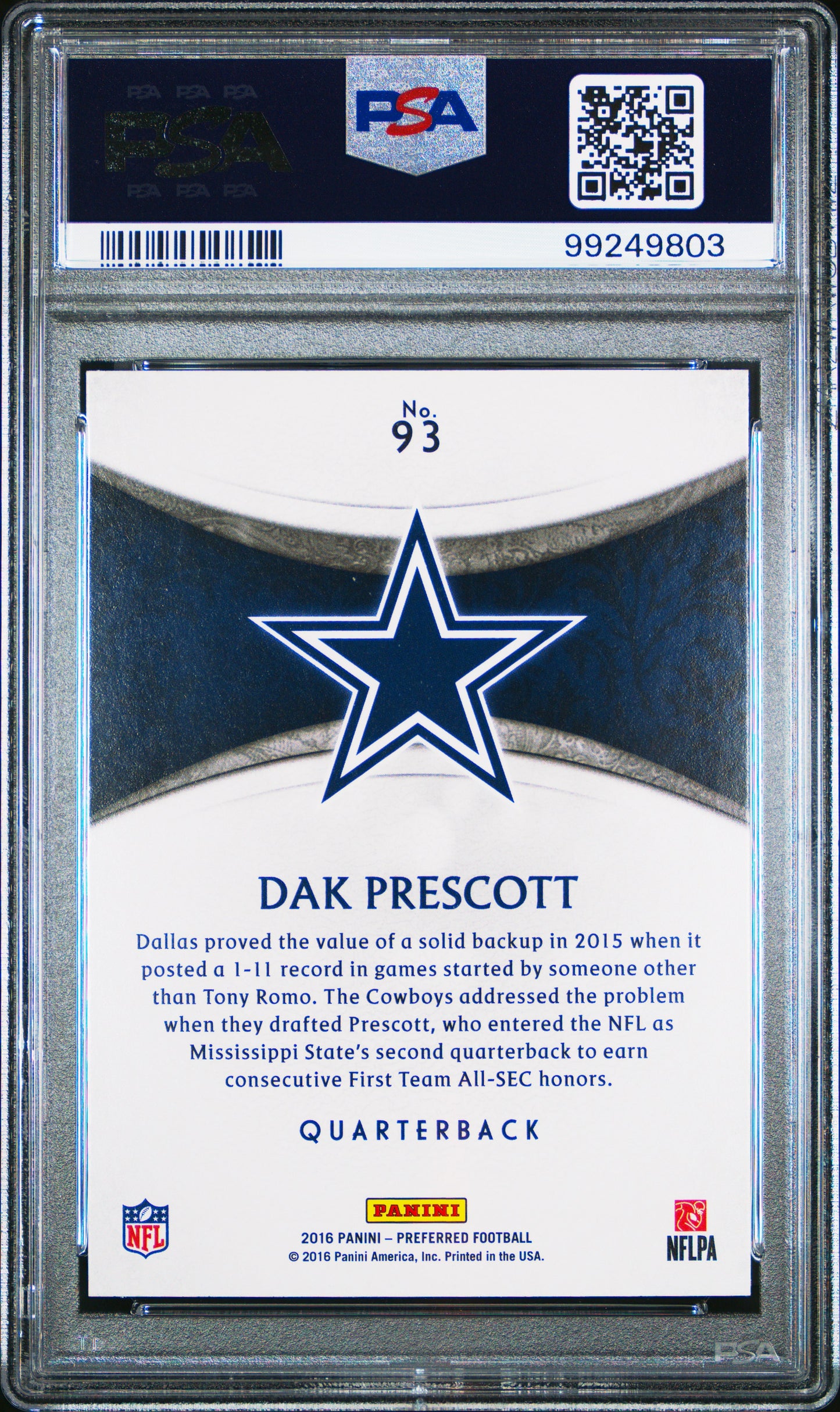 2016 Panini Crown Royale Dak Prescott 10 PSA #93