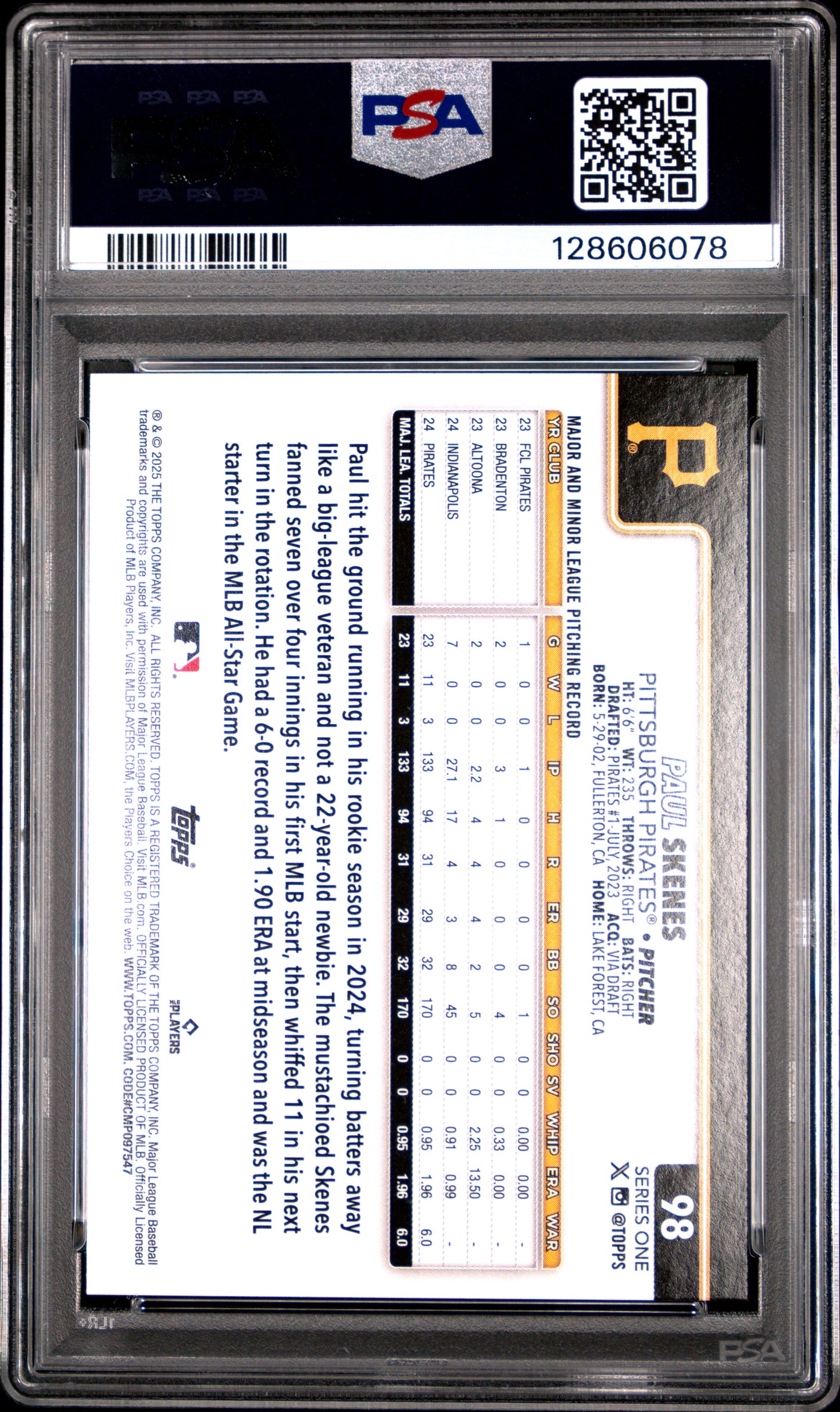 2025 Topps Rainbow Foil Paul Skenes 9 PSA #98