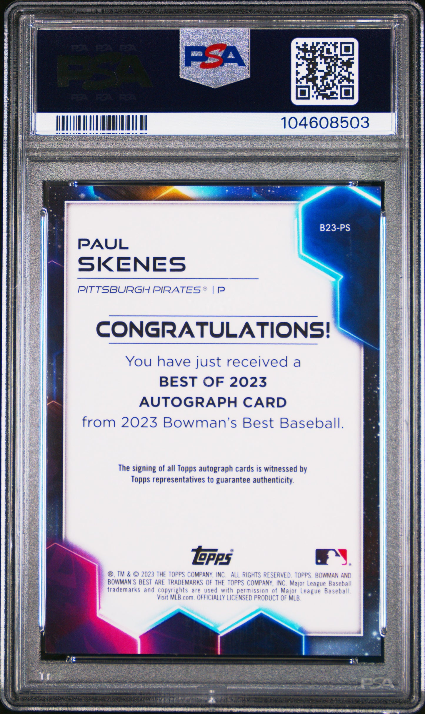 2023 Bowman'S Best Best Of 2023 Autographs Blue Ref Paul Skenes 10 PSA #B23PS