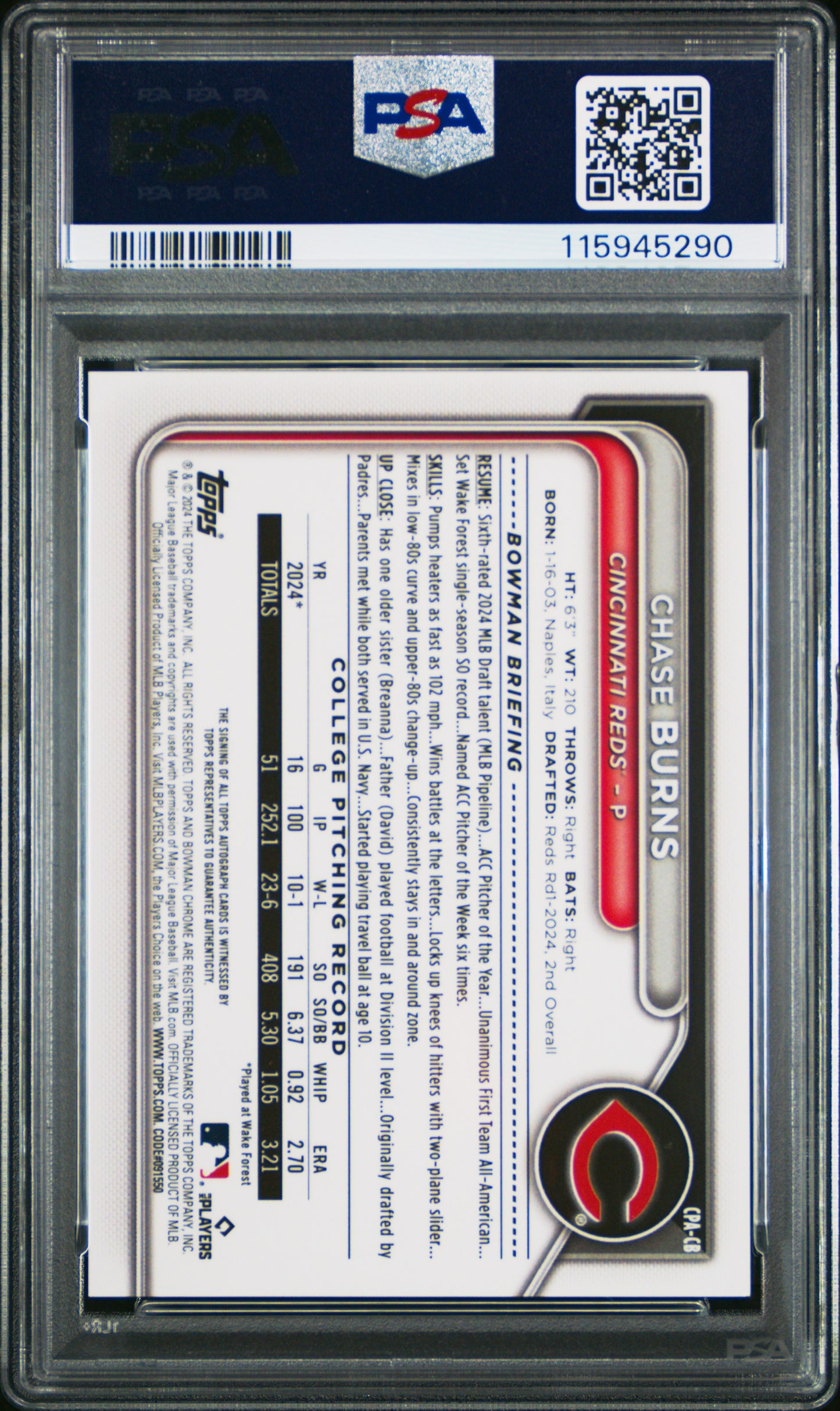 2024 Bowman Chrome Prospect Auto-Aqua Lava Chase Burns 9 PSA #CPACB