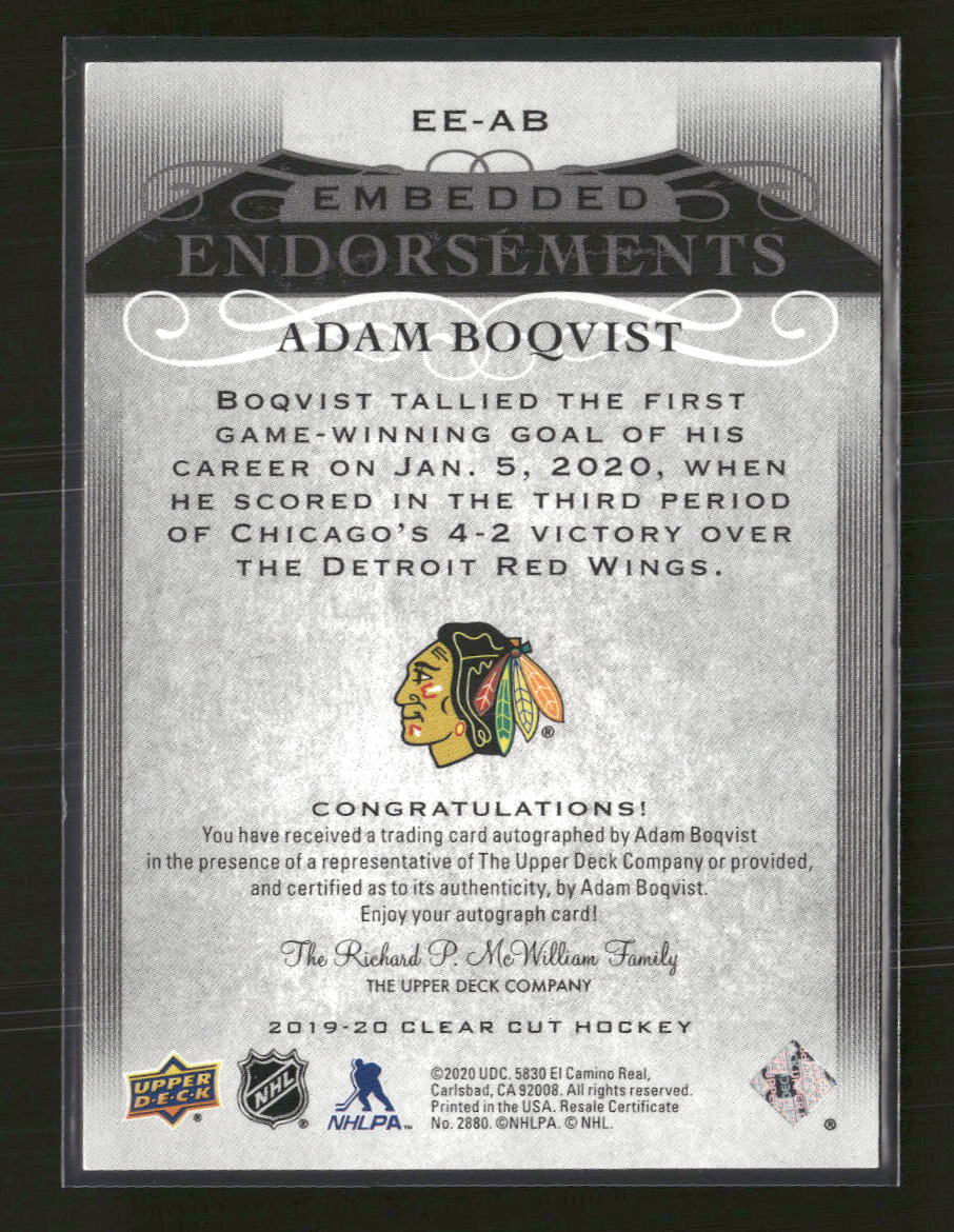 2019-20 Upper Deck Clear Cut Embedded Endorsements Adam Boqvist #/99 Auto #EE-AB