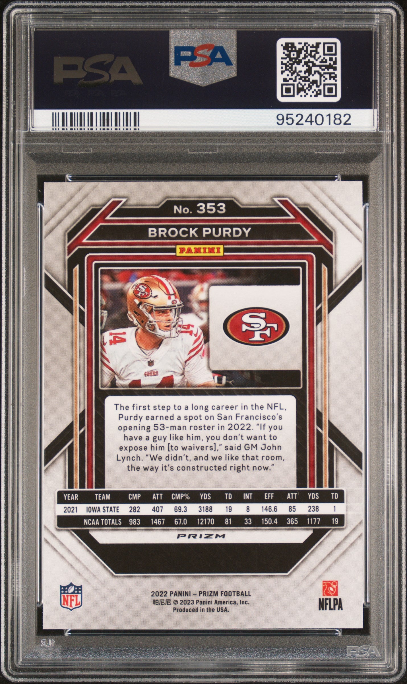 2022 Panini Prizm Green Prizm Brock Purdy 10 PSA #353