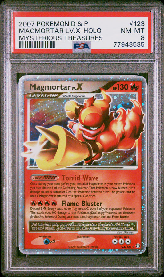 2007 Pokemon Diamond & Pearl Mysterious Treasures Magmortar Lv.X-Holo 8 PSA #123