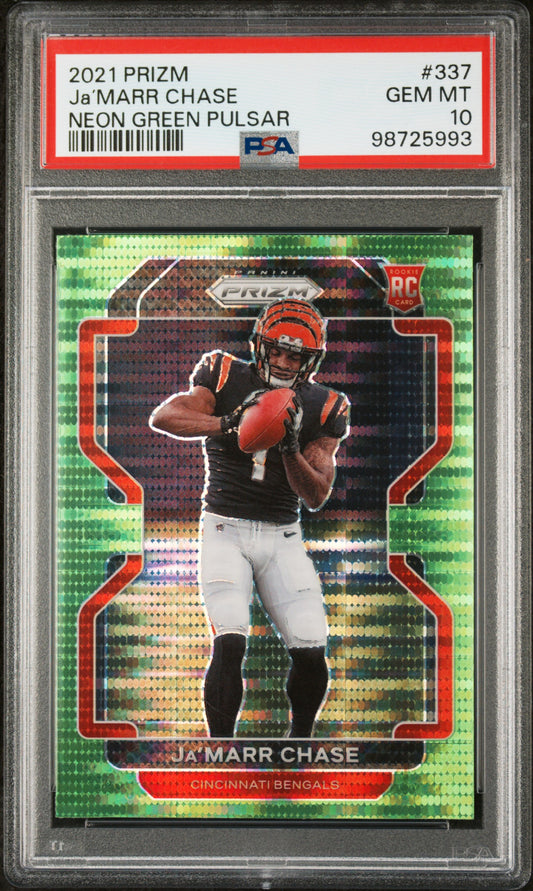 2021 Panini Prizm Neon Green Pulsar Ja’marr Chase 10 PSA #337