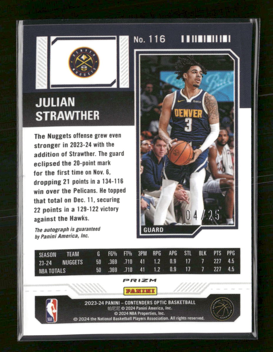 2023-24 Panini Contenders Optic Orange Julian Strawther Rookie #/25 Auto #116