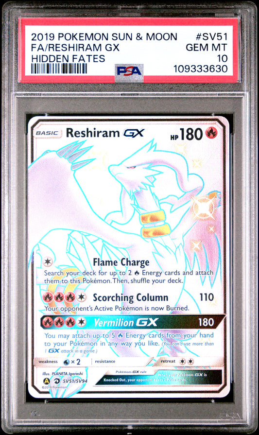 2019 Pokemon Sun & Moon Hidden Fates Hidden Fates Fa/Reshiram Gx 10 PSA #SV51
