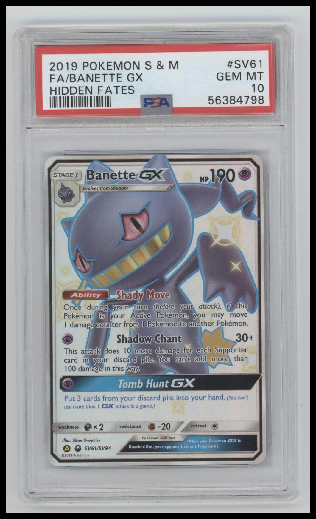 2019 Pokemon Sun & Moon Hidden Fates Hidden Fates Fa/Banette Gx 10 PSA #SV61