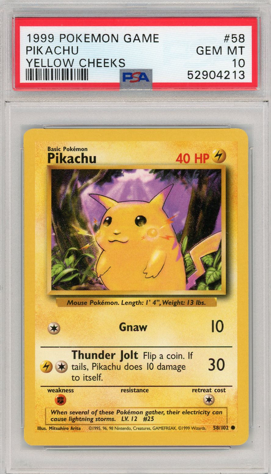 1999 Pokemon Game Yellow Cheeks Pikachu 10 PSA #58