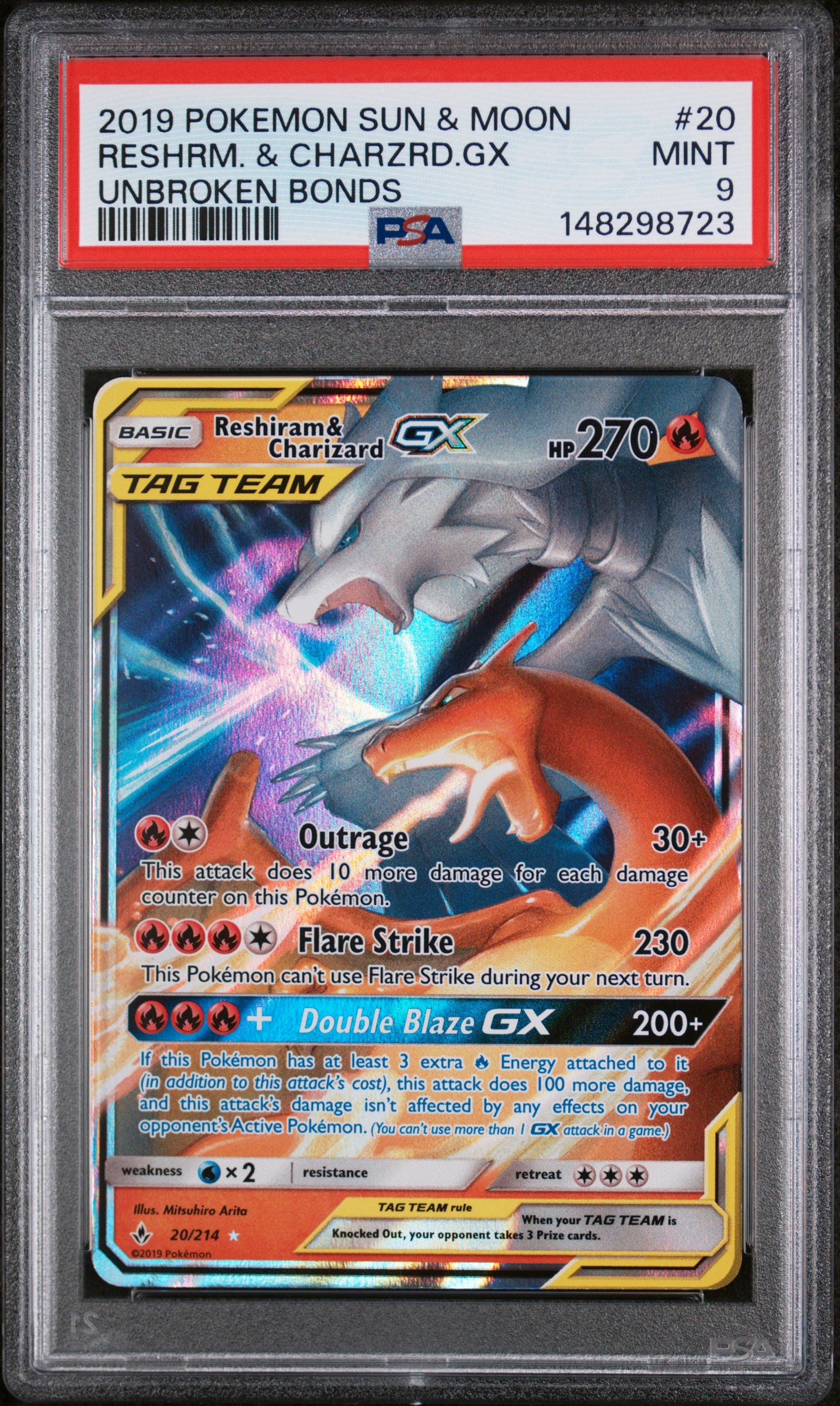 2019 Pokemon Sun & Moon  Unbroken Bonds Reshrm. & Charzrd.Gx 9 PSA #20