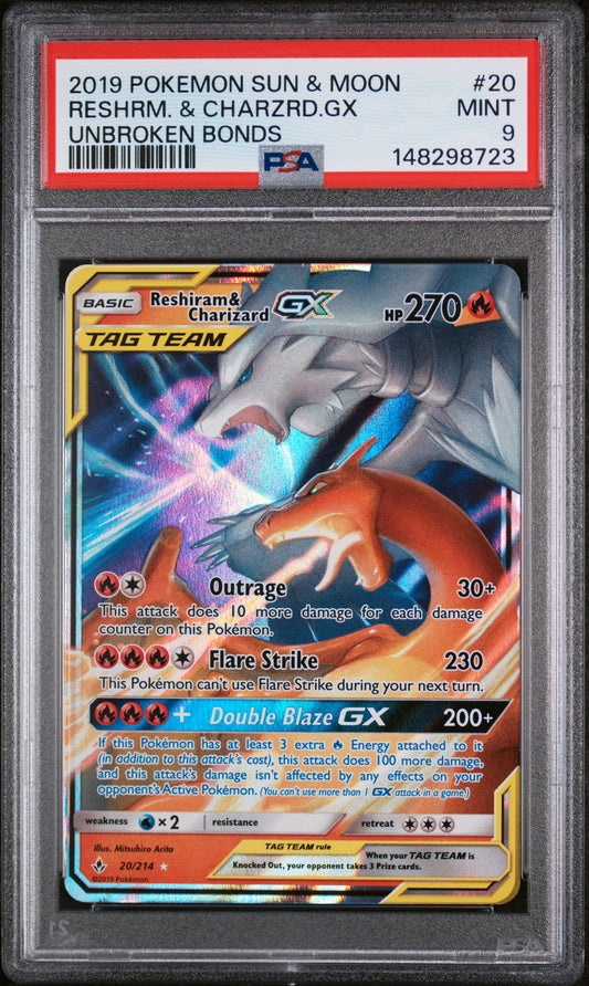 2019 Pokemon Sun & Moon  Unbroken Bonds Reshrm. & Charzrd.Gx 9 PSA #20