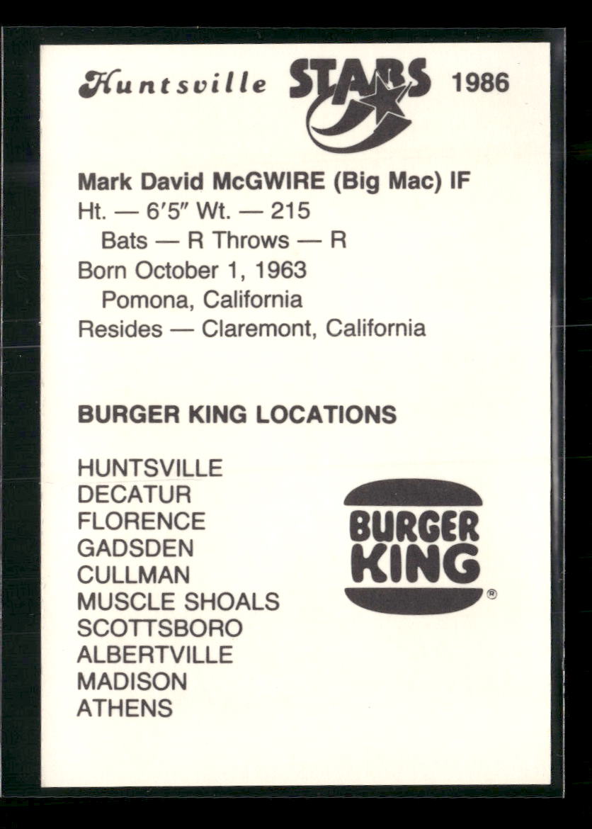 1986 Burger King Huntsville Stars Mark McGwire #NNO