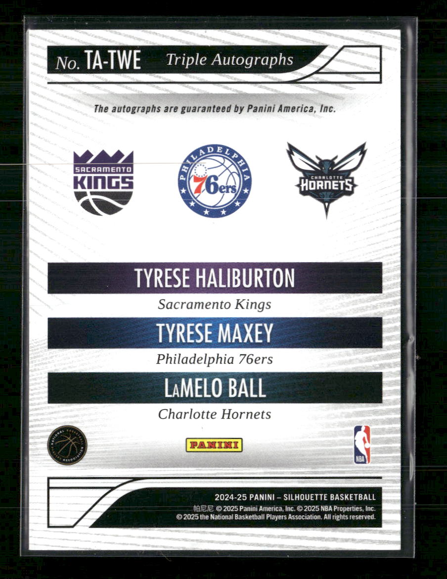 2024-25 Panini Silhouette Triple Auto #/10 Tyrese H, Tyrese M, LaMelo B #TA-TWE