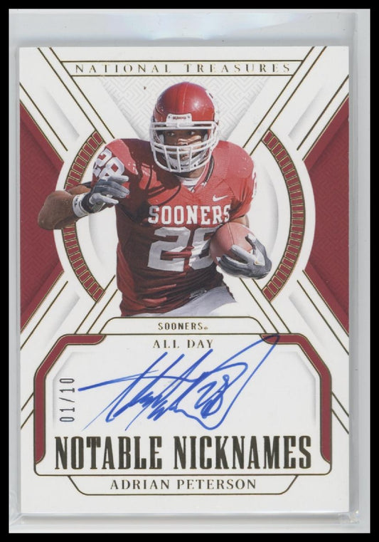 2025 Panini N. T. C. Notable Nicknames Gold Adrian Peterson #/10 Auto #NN-APN