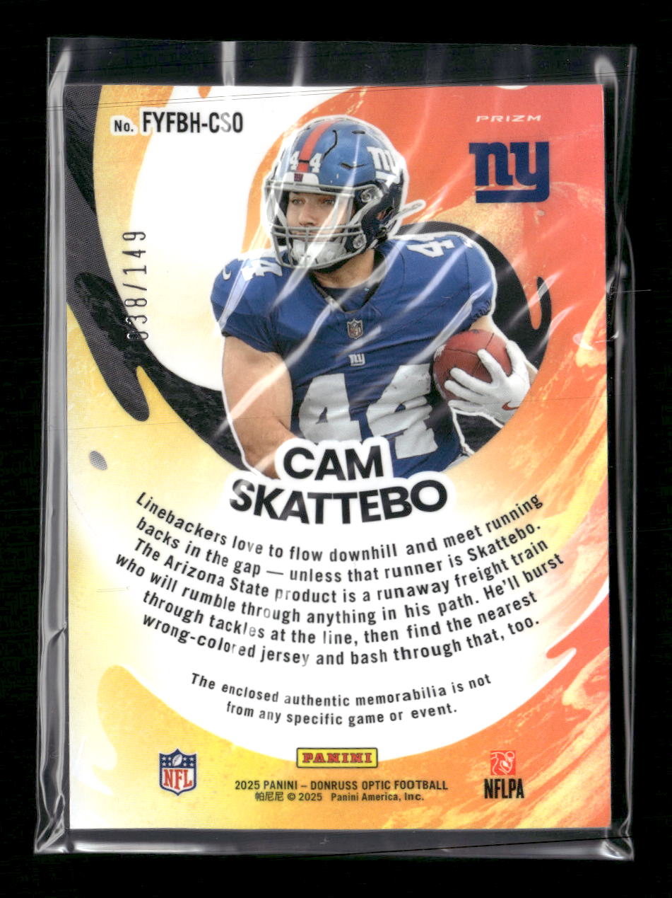 2025 Donruss Optic First Year Fresh Neon Green Cam Skattebo #/149 #FYFBH-CSO