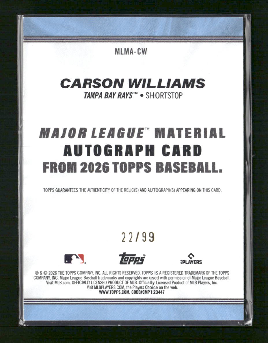 2026 Topps Major League Materials Green Carson Williams #/99 Auto #MLMA-CW